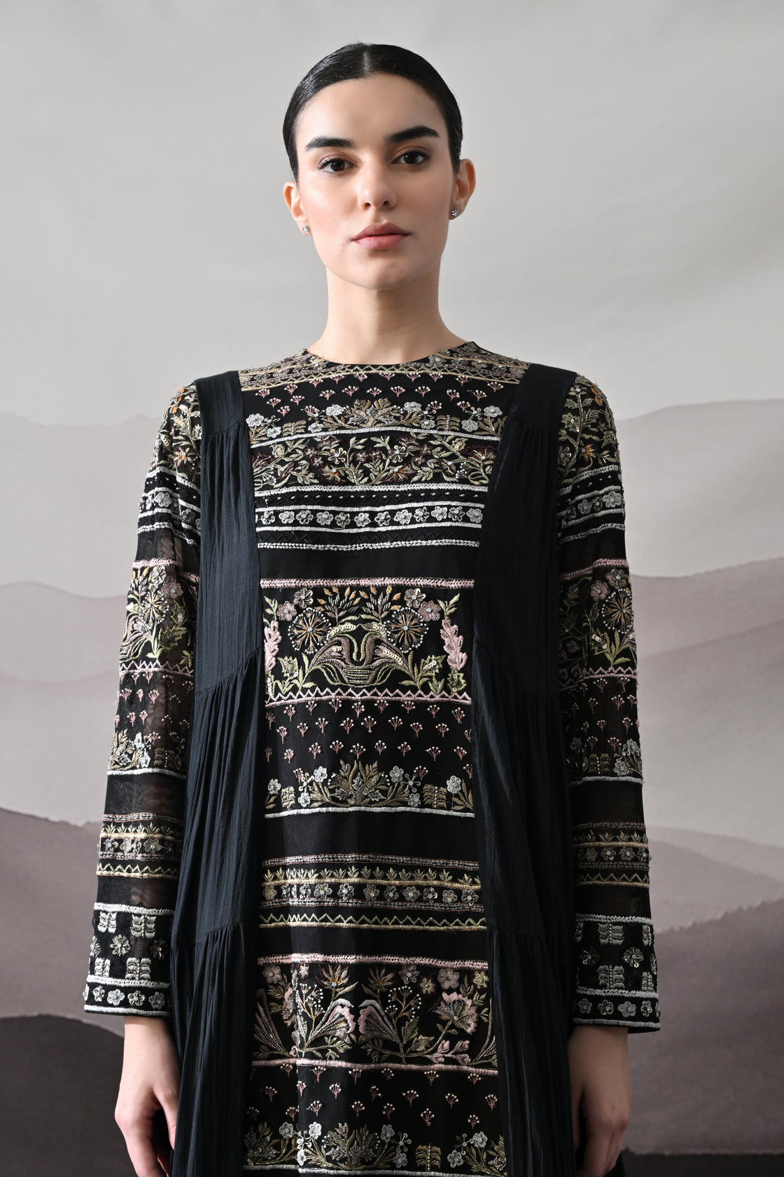 Black Artisanal Embroidered Gown with Panelled Overlay