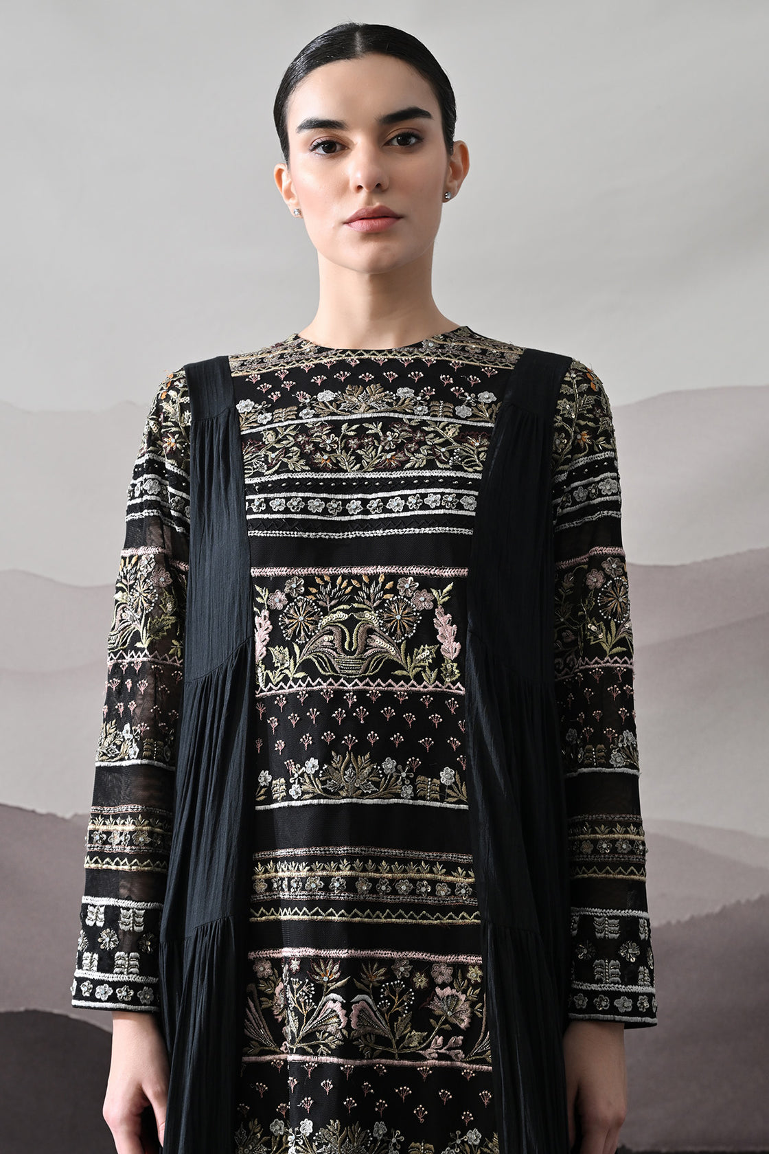 Black Artisanal Embroidered Gown With Panelled Overlay