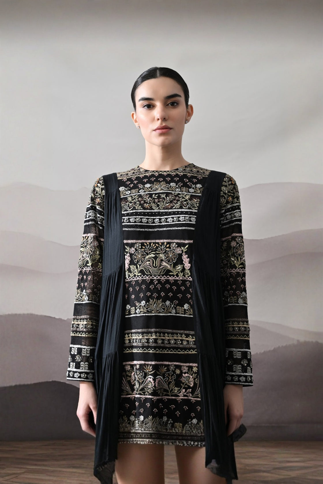 Black Artisanal Embroidered Gown With Panelled Overlay