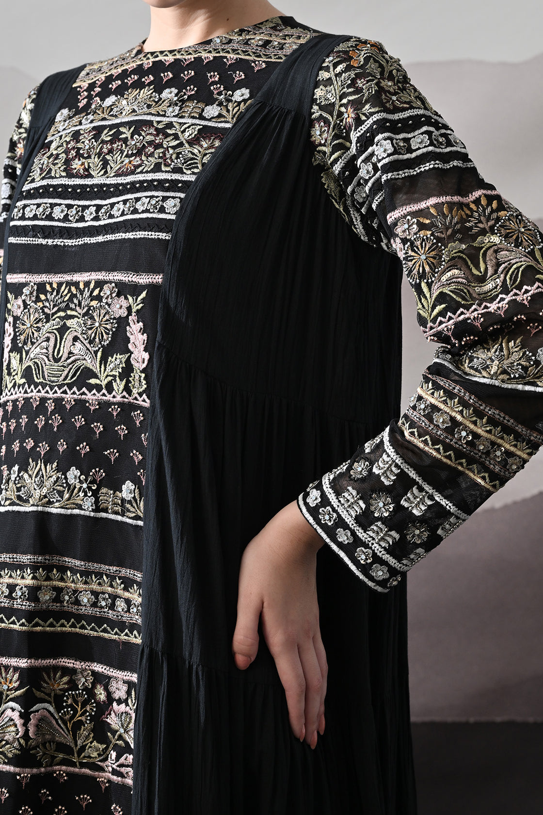 Black Artisanal Embroidered Gown With Panelled Overlay