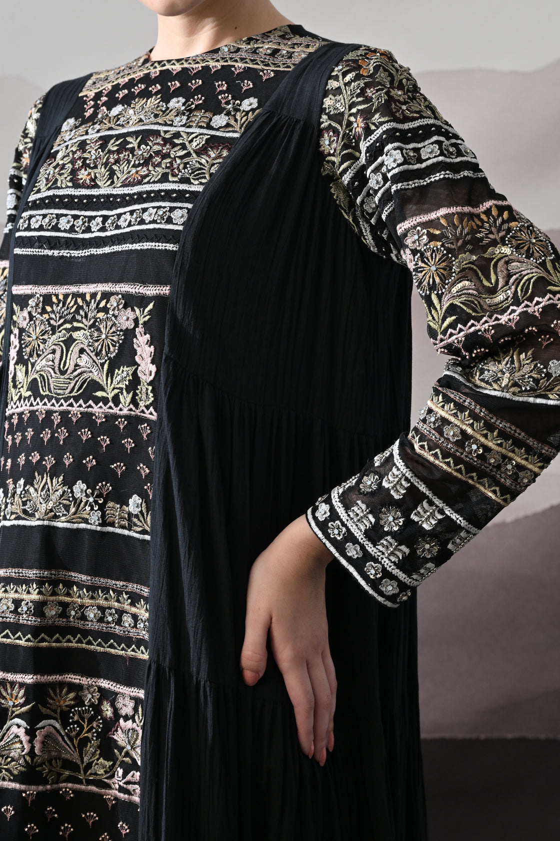 Black Artisanal Embroidered Gown with Panelled Overlay