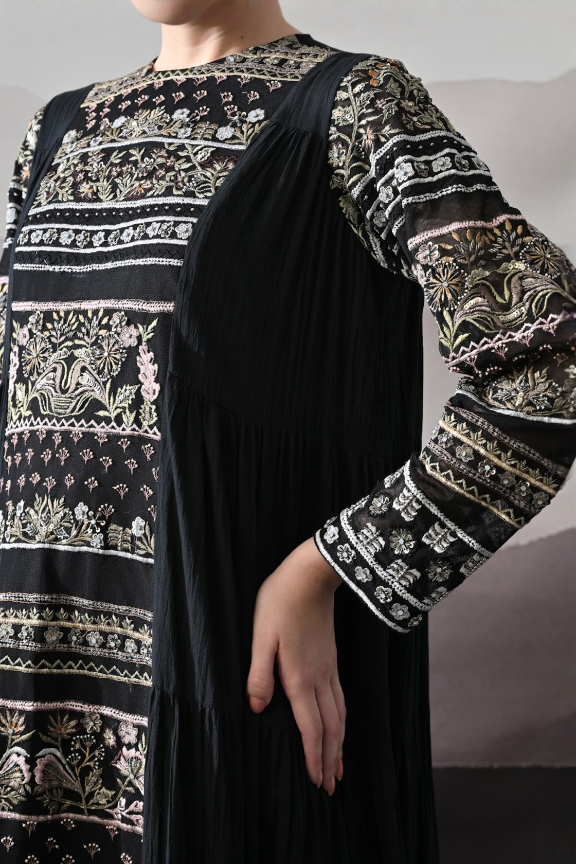 Black Artisanal Embroidered Gown With Panelled Overlay