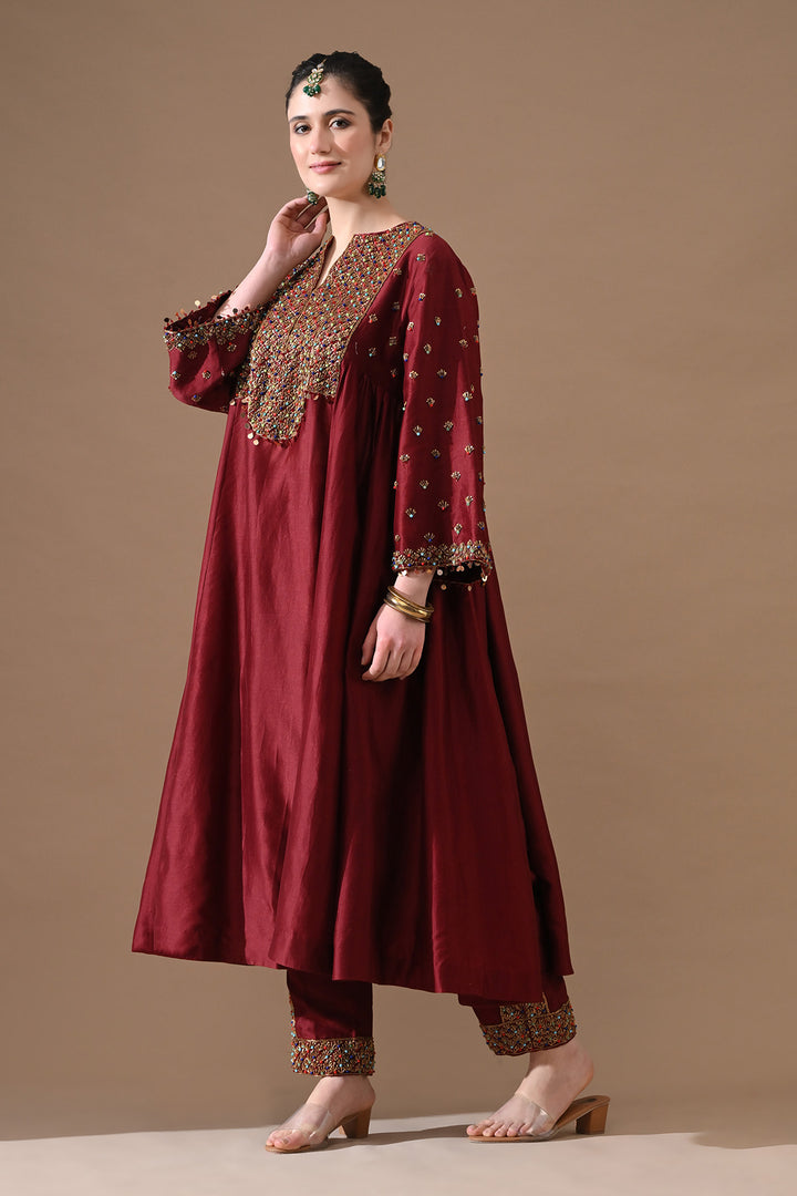 Deep Red Gold Embroidery Suit Set
