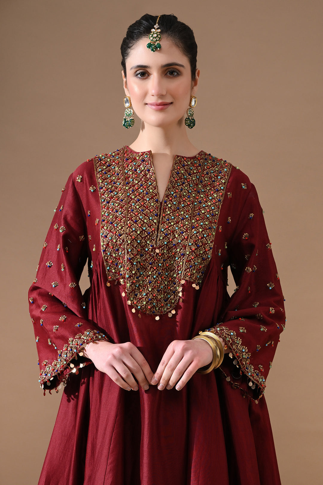 Deep Red Gold Embroidery Suit Set