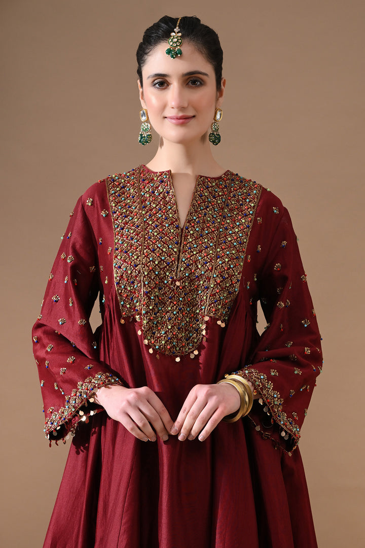 Deep Red Gold Embroidery Suit Set