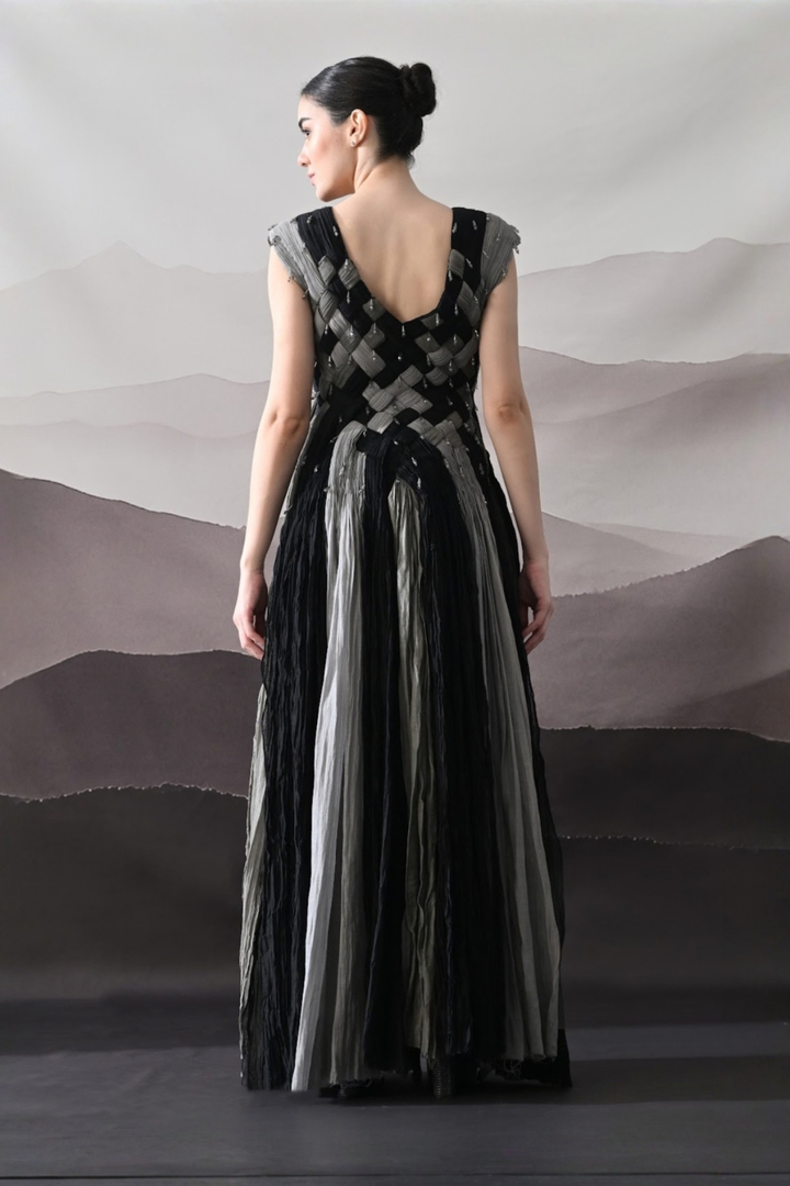 Black And Grey Woven Gown With Panelled Fall