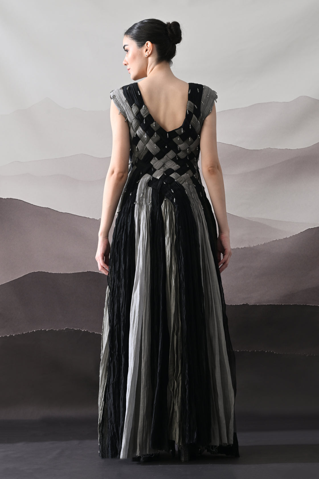 Black and Grey Woven Gown with Panelled Fall
