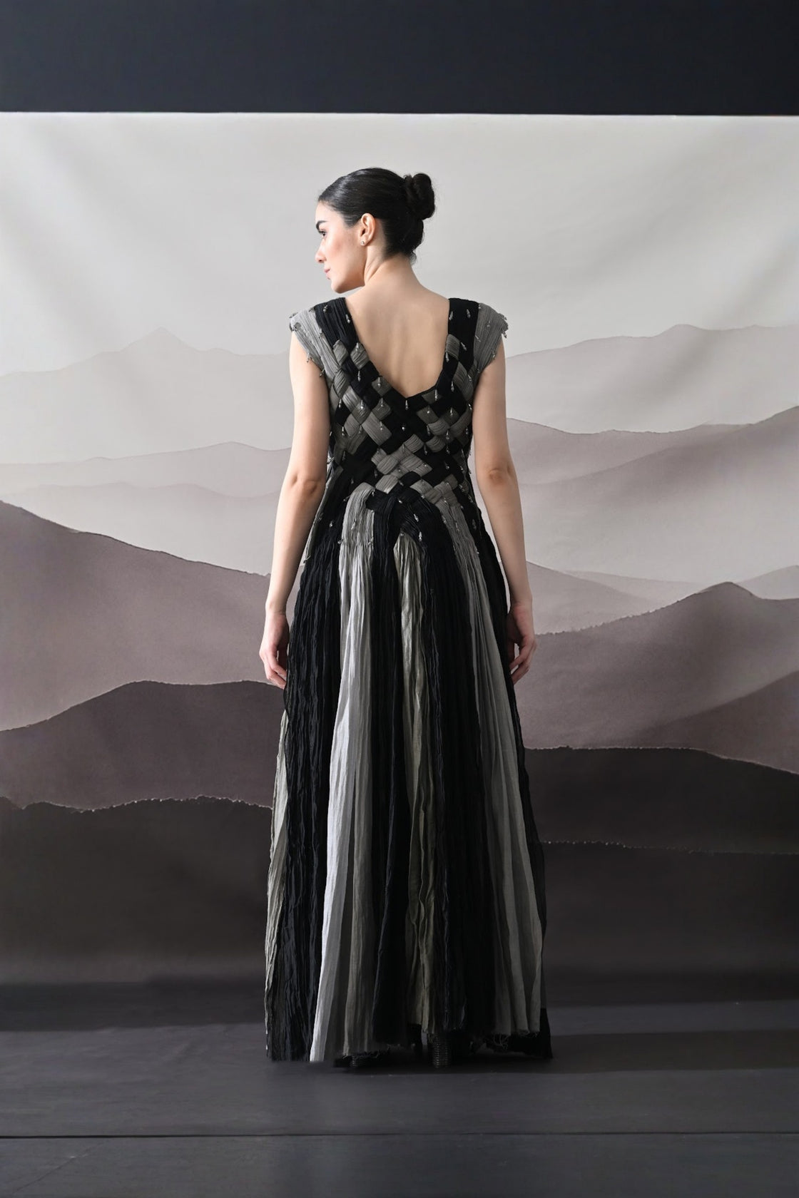 Black And Grey Woven Gown With Panelled Fall