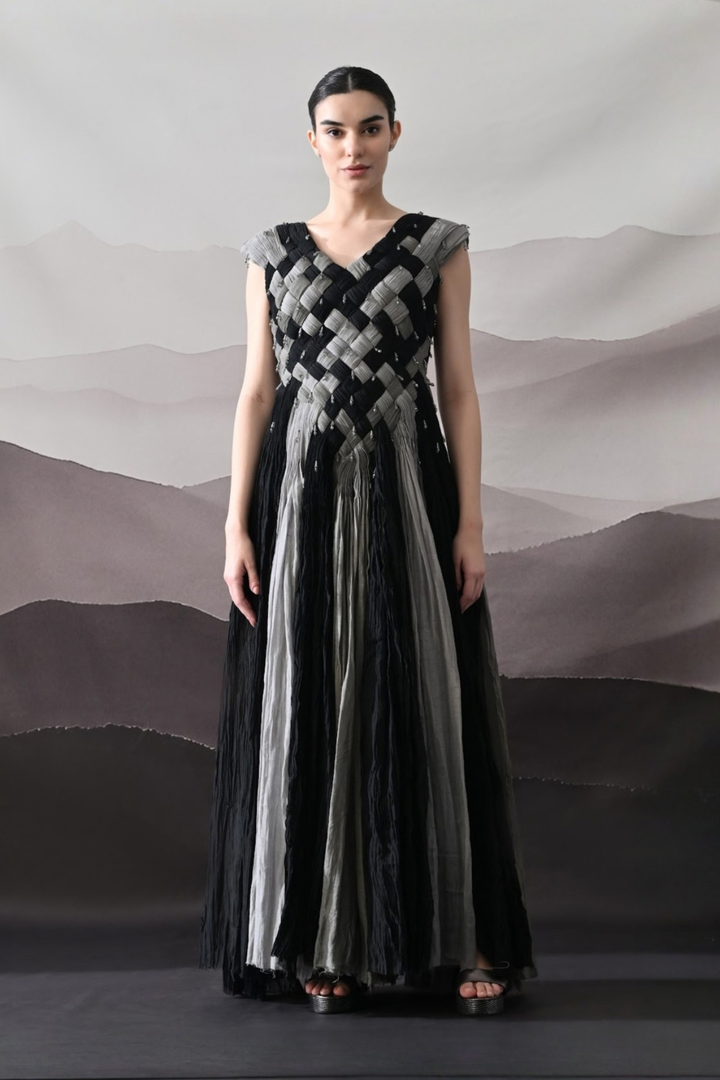 Black And Grey Woven Gown With Panelled Fall