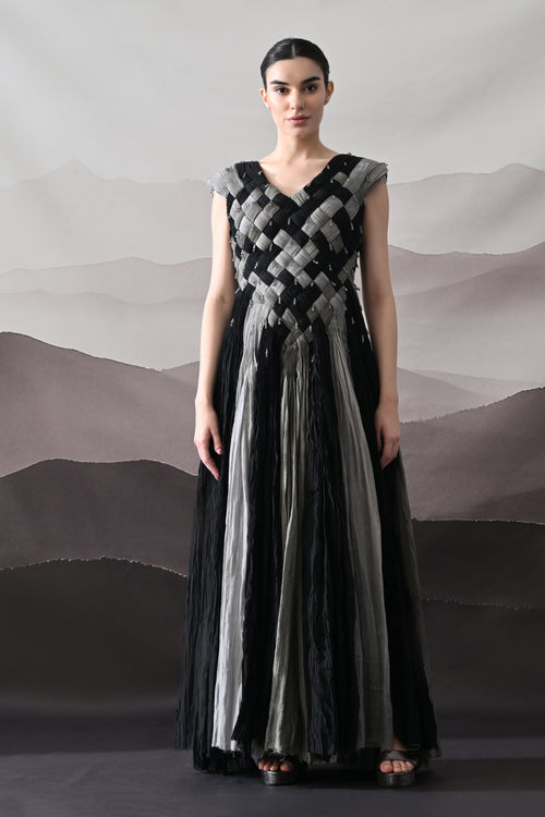 Black and Grey Woven Gown with Panelled Fall