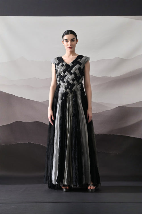 Black And Grey Woven Gown With Panelled Fall