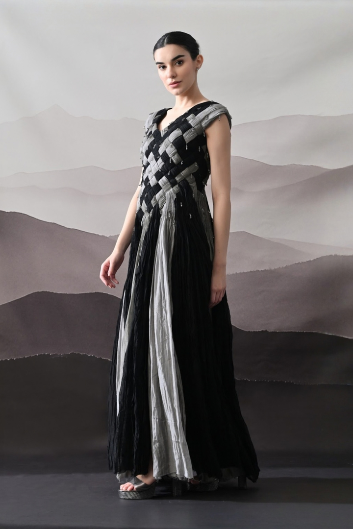 Black And Grey Woven Gown With Panelled Fall