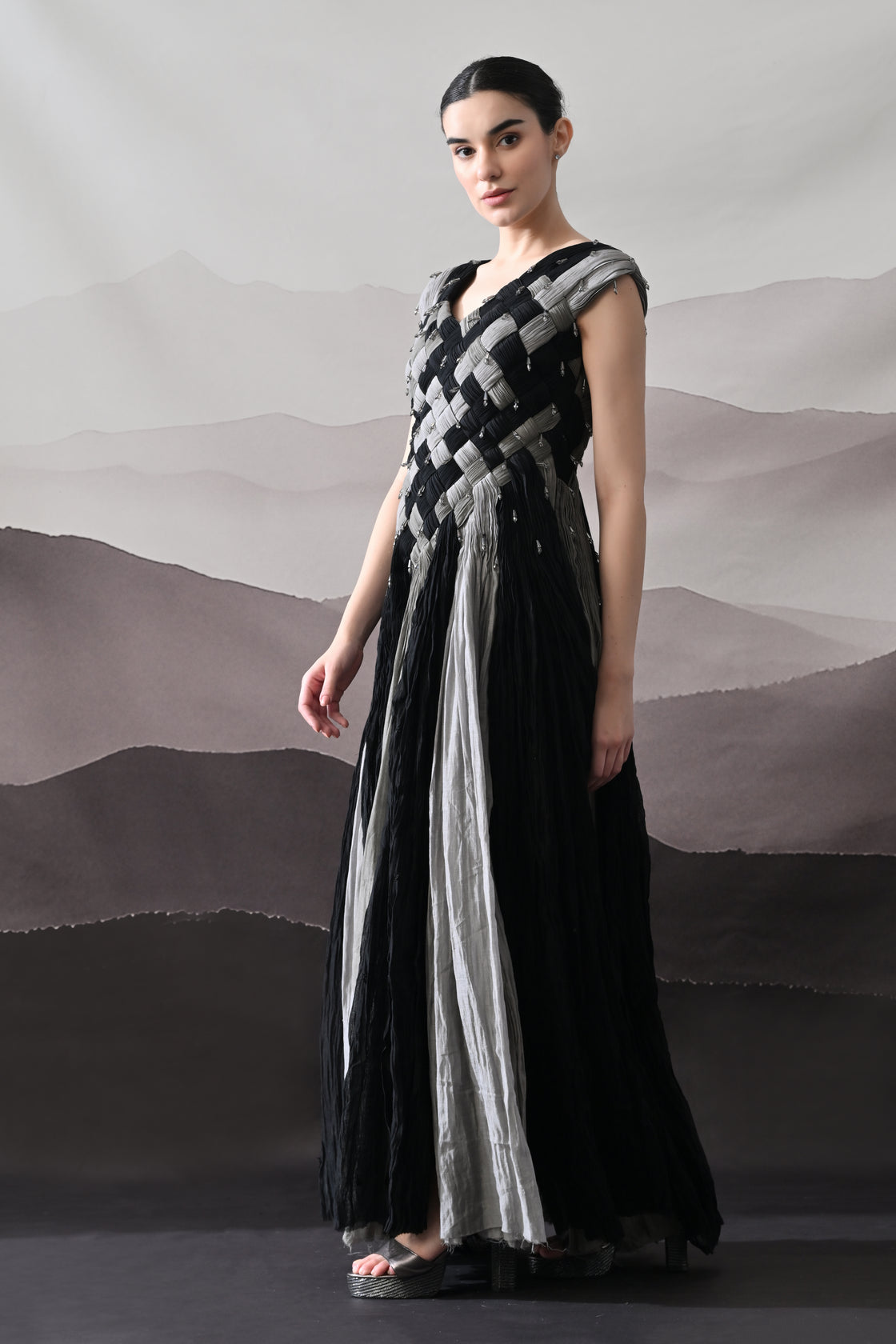 Black and Grey Woven Gown with Panelled Fall