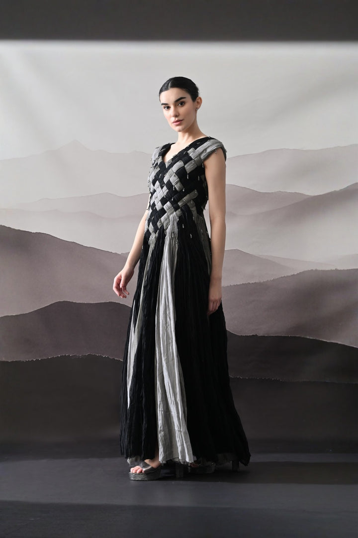 Black And Grey Woven Gown With Panelled Fall