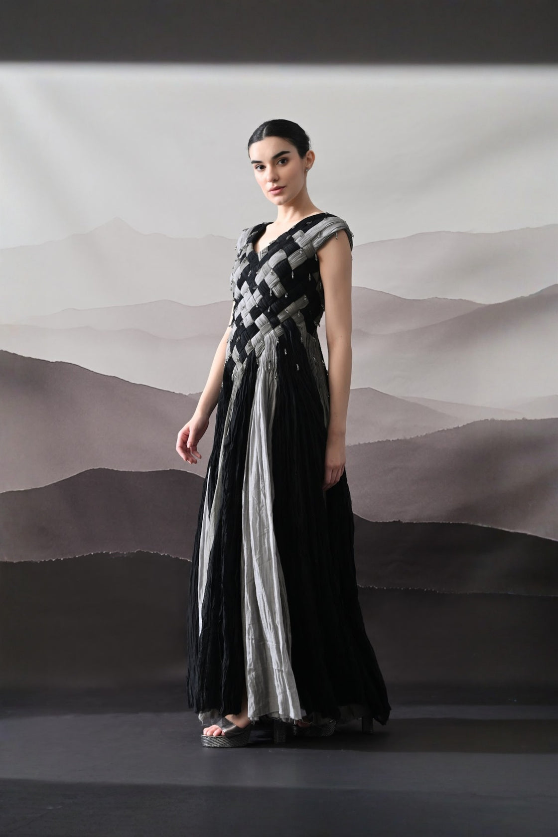 Black And Grey Woven Gown With Panelled Fall