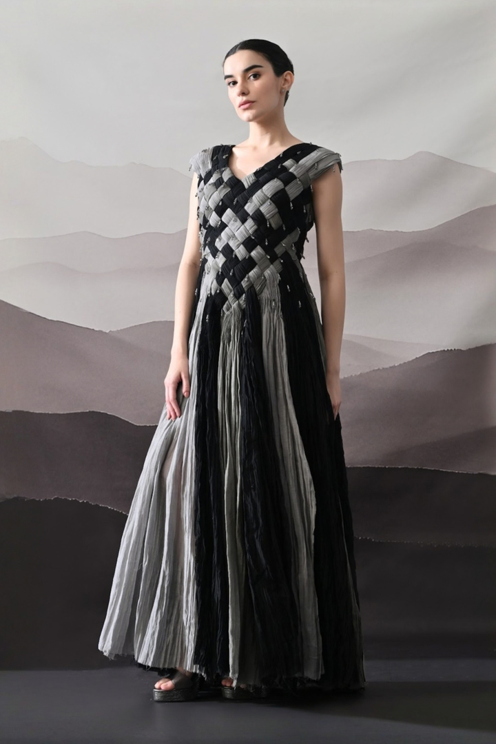 Black And Grey Woven Gown With Panelled Fall