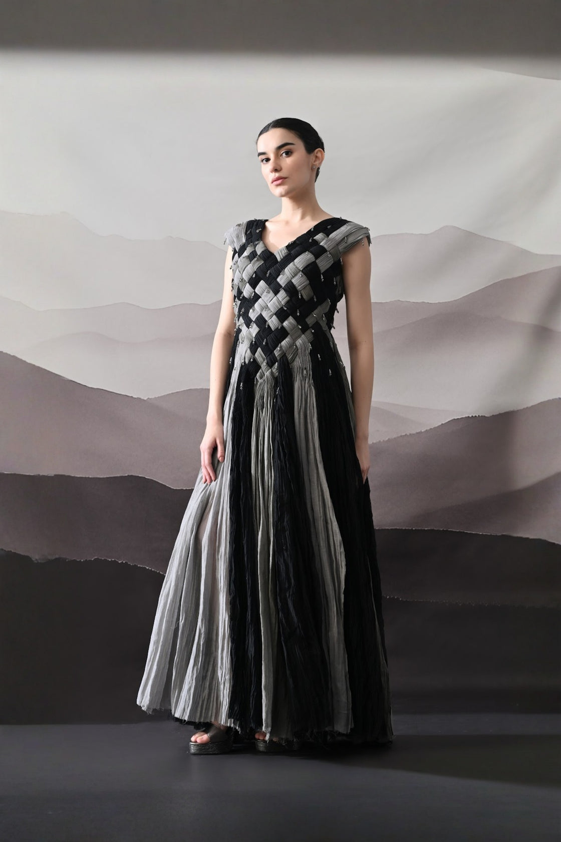 Black And Grey Woven Gown With Panelled Fall