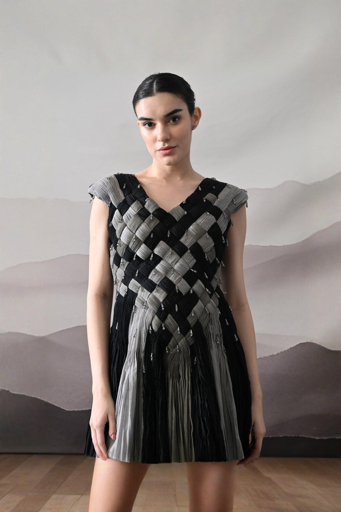 Black And Grey Woven Gown With Panelled Fall