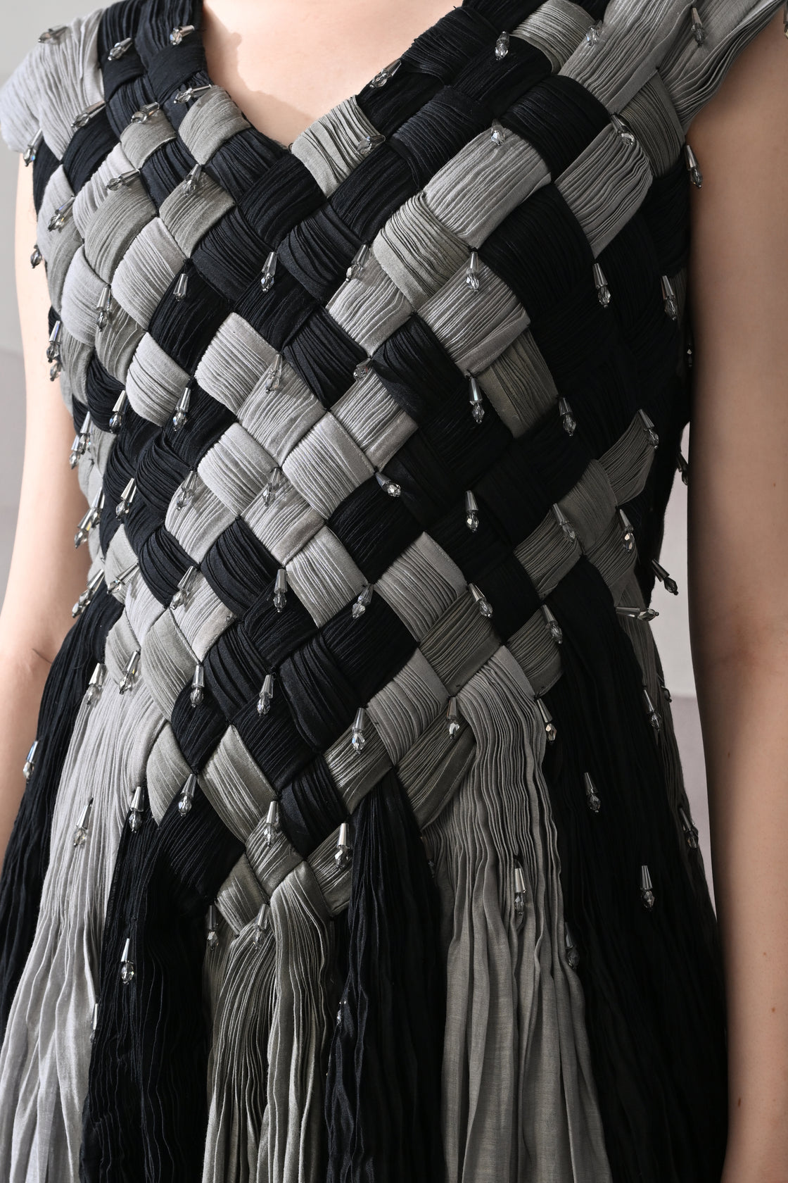Black and Grey Woven Gown with Panelled Fall