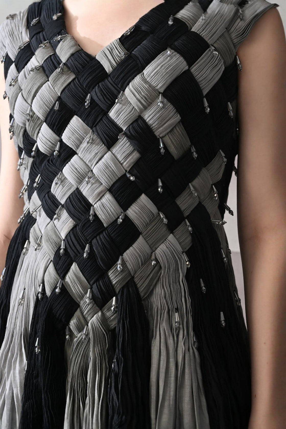 Black And Grey Woven Gown With Panelled Fall