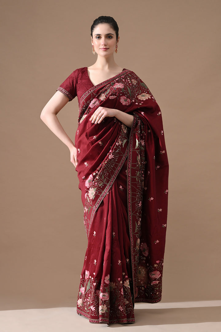 Maroon Red Floral Threadwork Saree