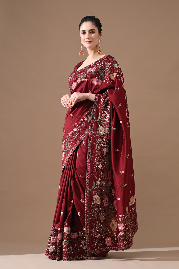Maroon Red Floral Threadwork Saree