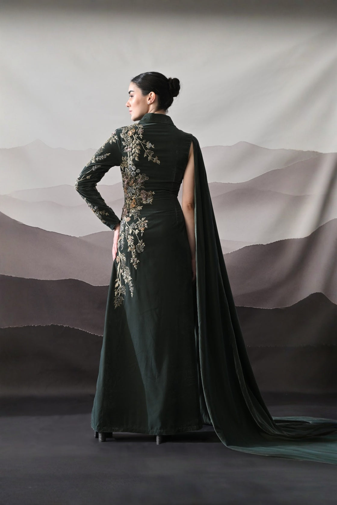 Deep Green Drape Gown With Asymmetrical Embroidery