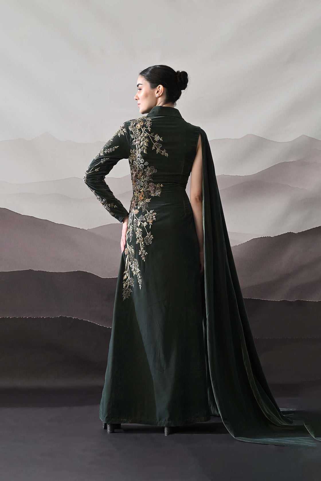 Deep Green Drape Gown With Asymmetrical Embroidery