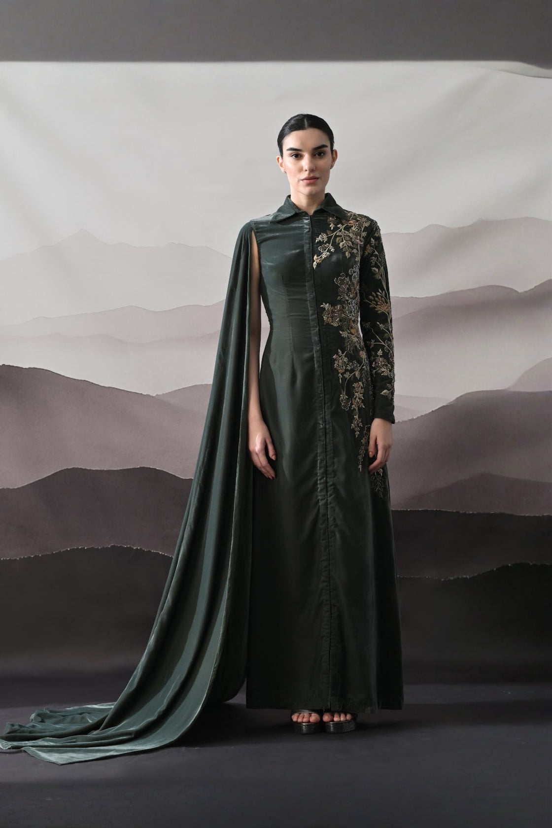 Deep Green Drape Gown With Asymmetrical Embroidery