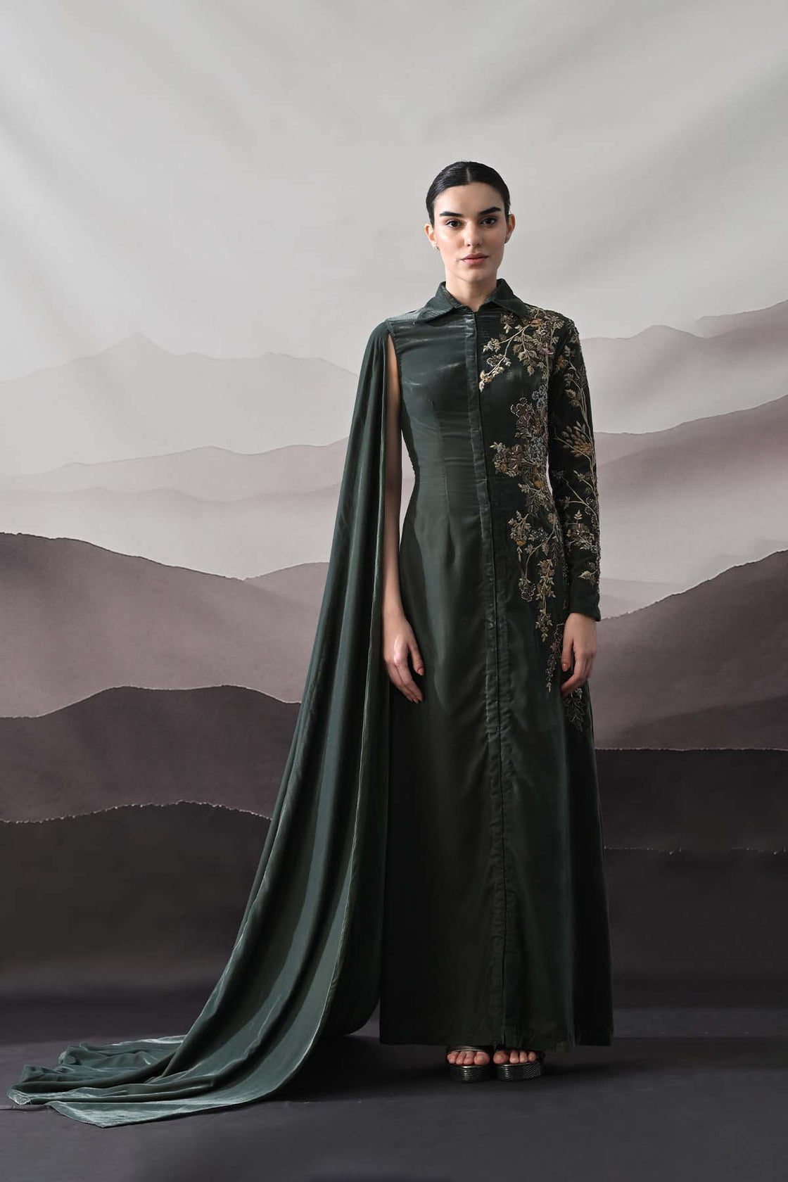 Deep Green Drape Gown With Asymmetrical Embroidery