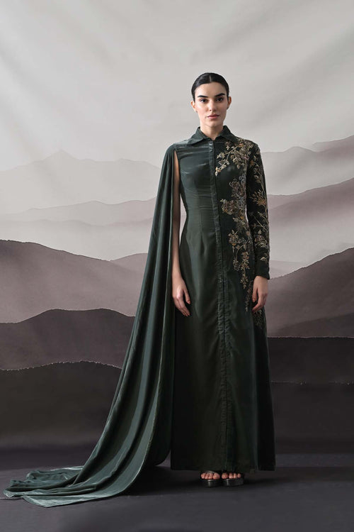 Deep Green Drape Gown With Asymmetrical Embroidery