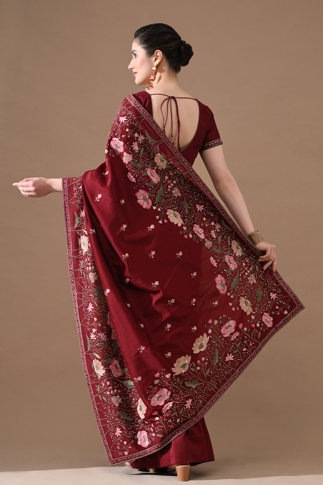 Maroon Red Floral Threadwork Saree