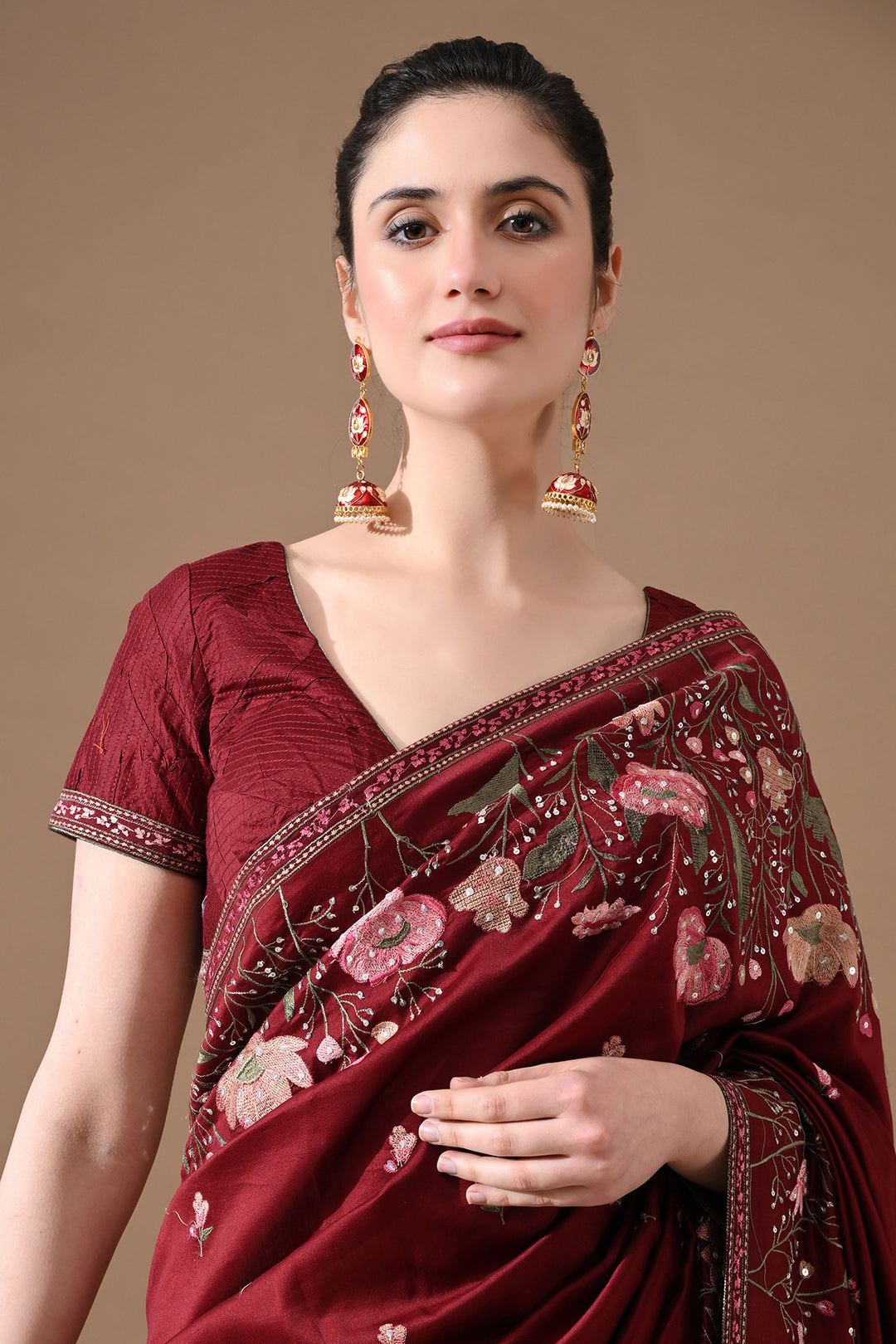 Maroon Red Floral Threadwork Saree