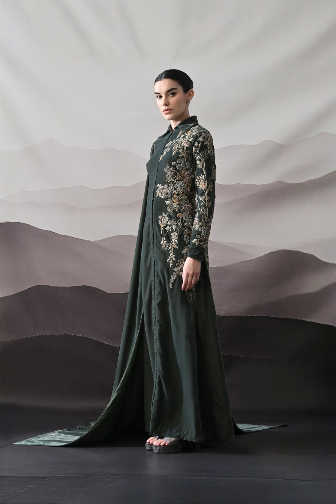 Deep Green Drape Gown With Asymmetrical Embroidery