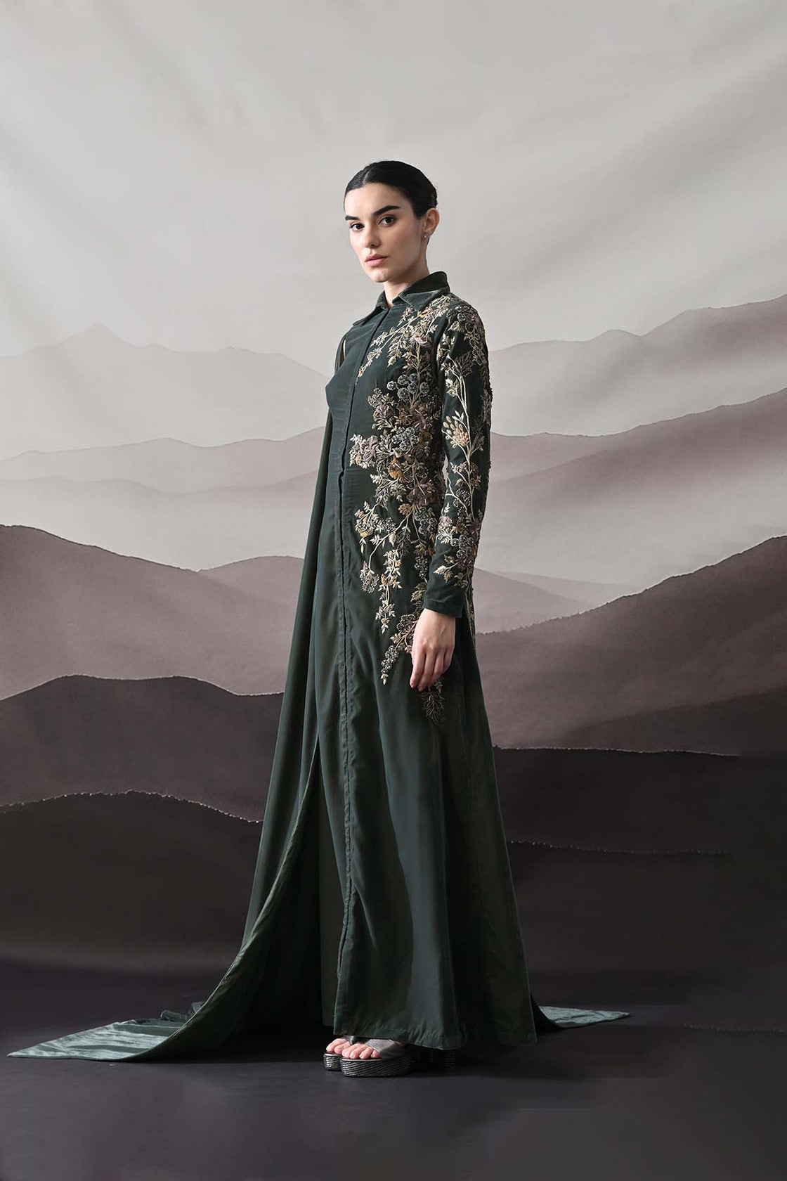 Deep Green Drape Gown With Asymmetrical Embroidery