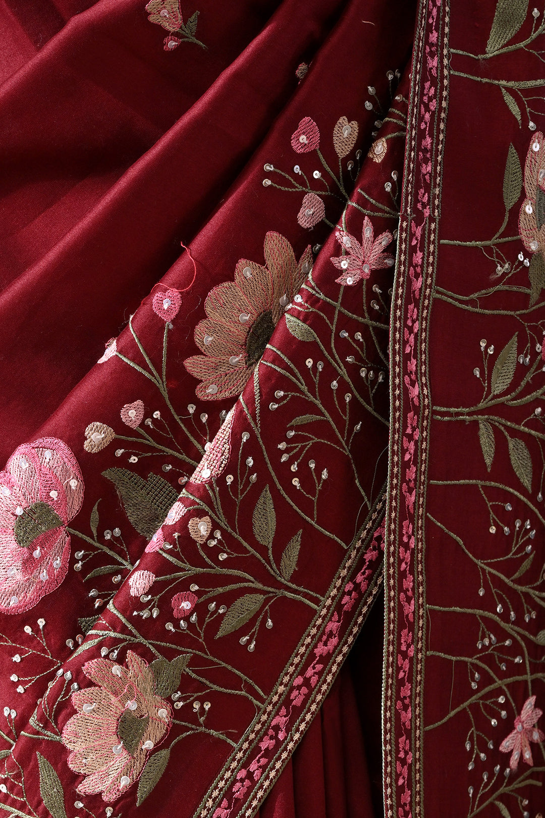 Maroon Red Floral Threadwork Saree