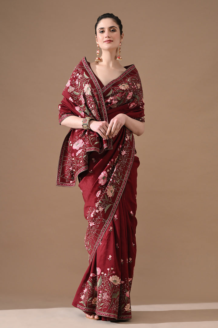 Maroon Red Floral Threadwork Saree