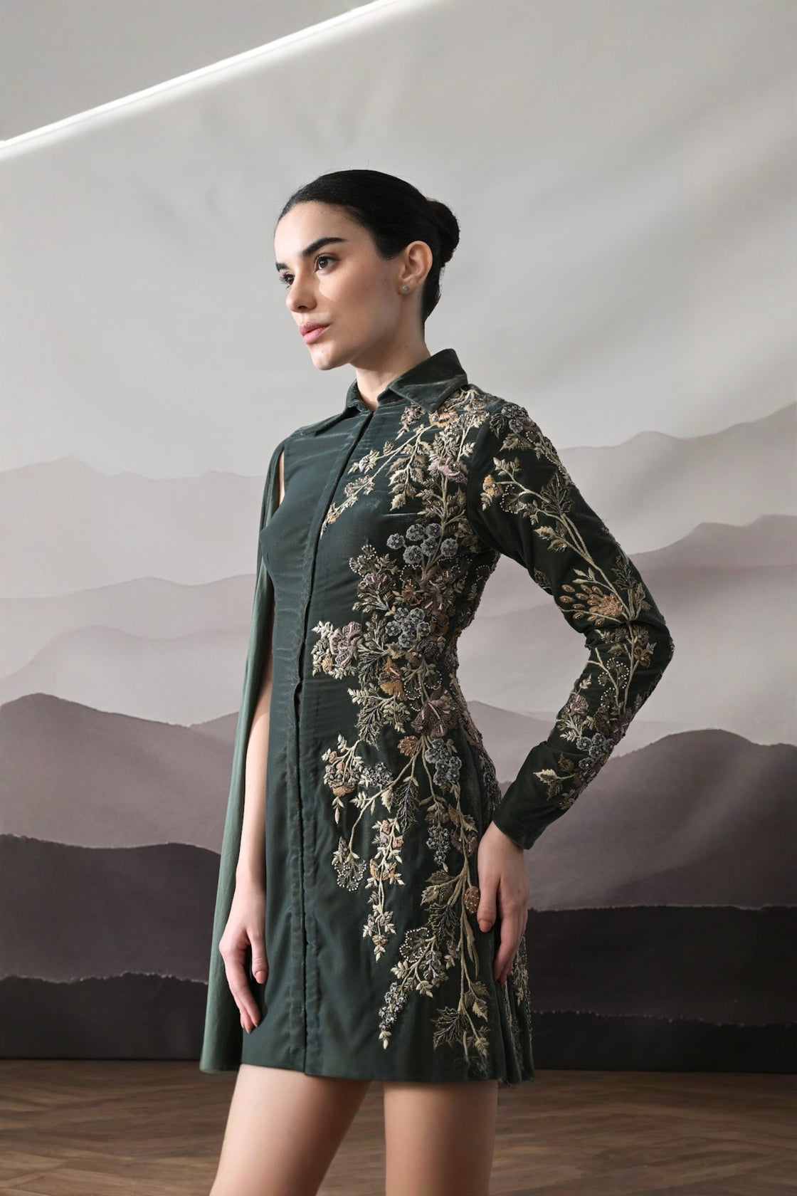 Deep Green Drape Gown With Asymmetrical Embroidery