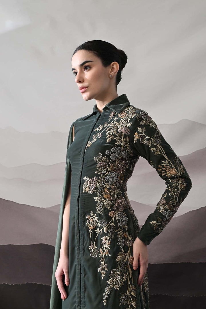 Deep Green Drape Gown With Asymmetrical Embroidery
