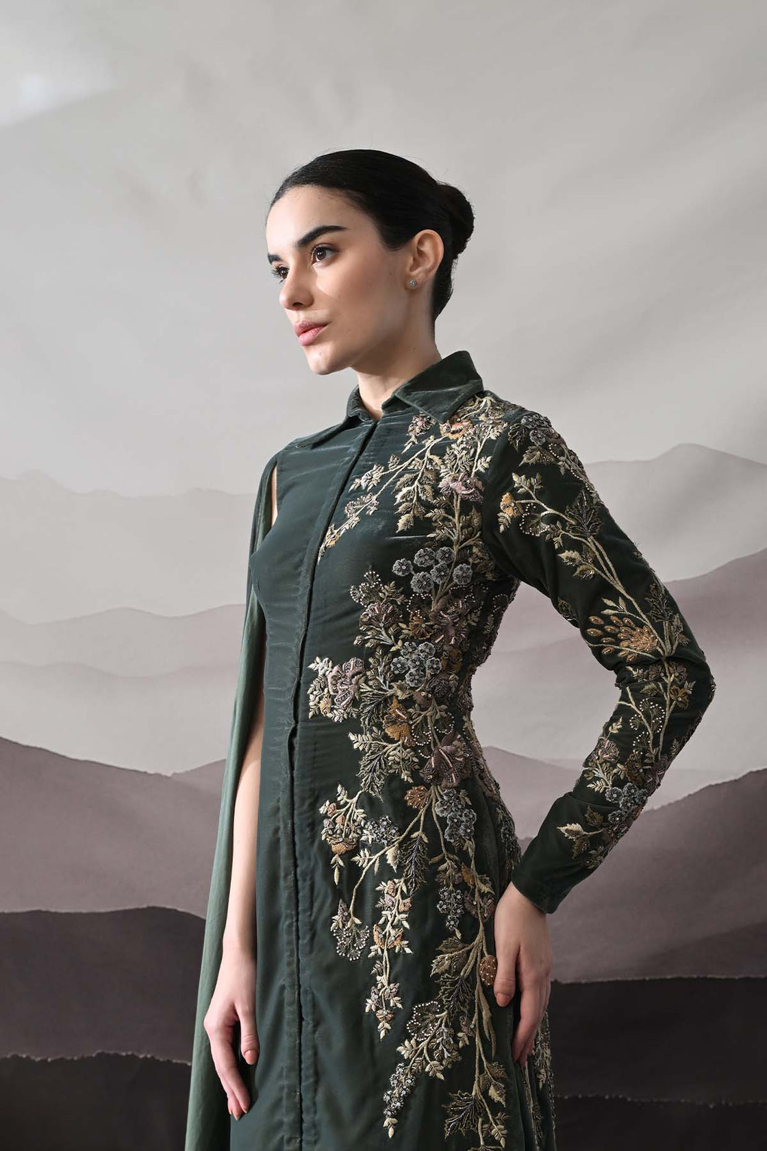 Deep Green Drape Gown With Asymmetrical Embroidery