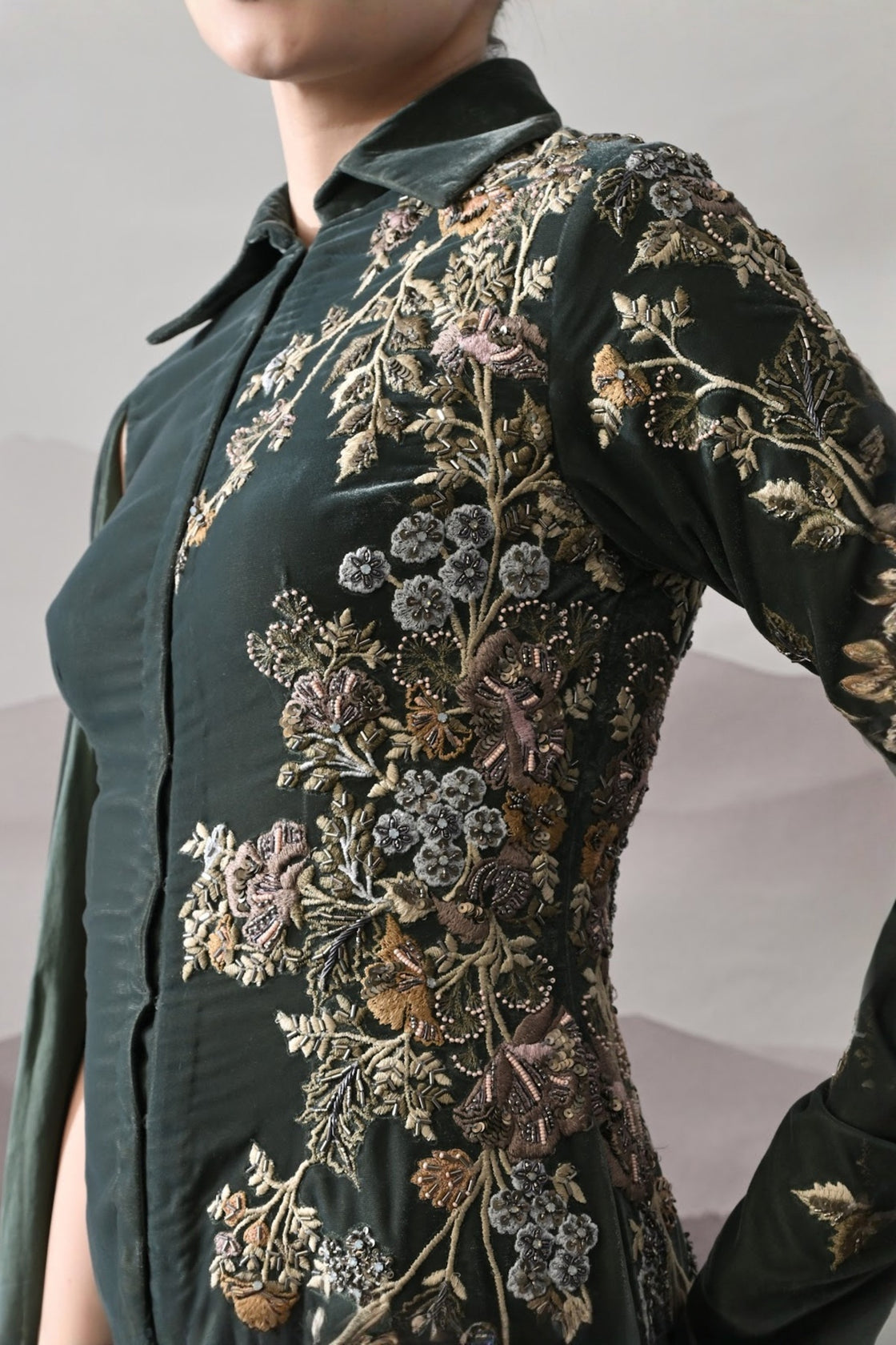Deep Green Drape Gown With Asymmetrical Embroidery