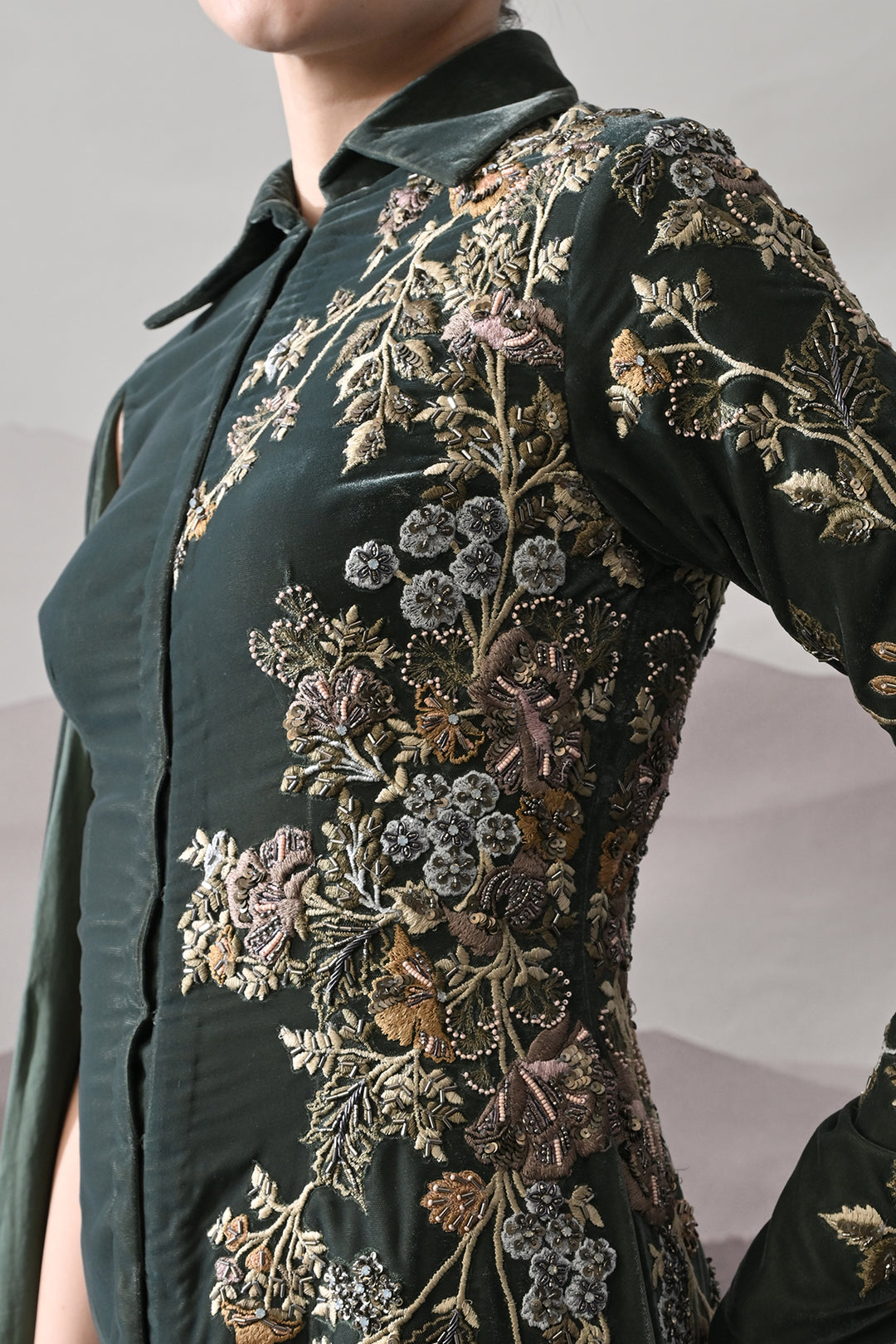 Deep Green Drape Gown With Asymmetrical Embroidery