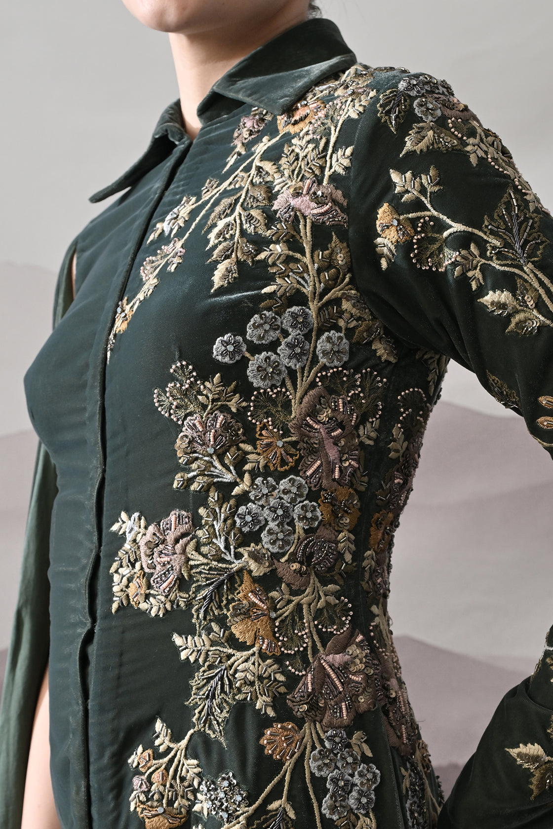 Deep Green Drape Gown With Asymmetrical Embroidery