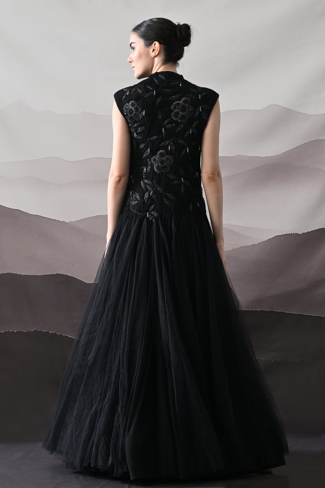 Black Hand-Embroidered Sleeveless Gown