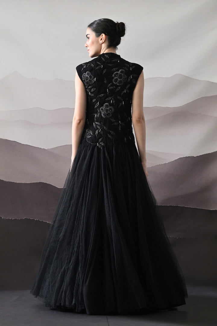Black Hand-Embroidered Sleeveless Gown