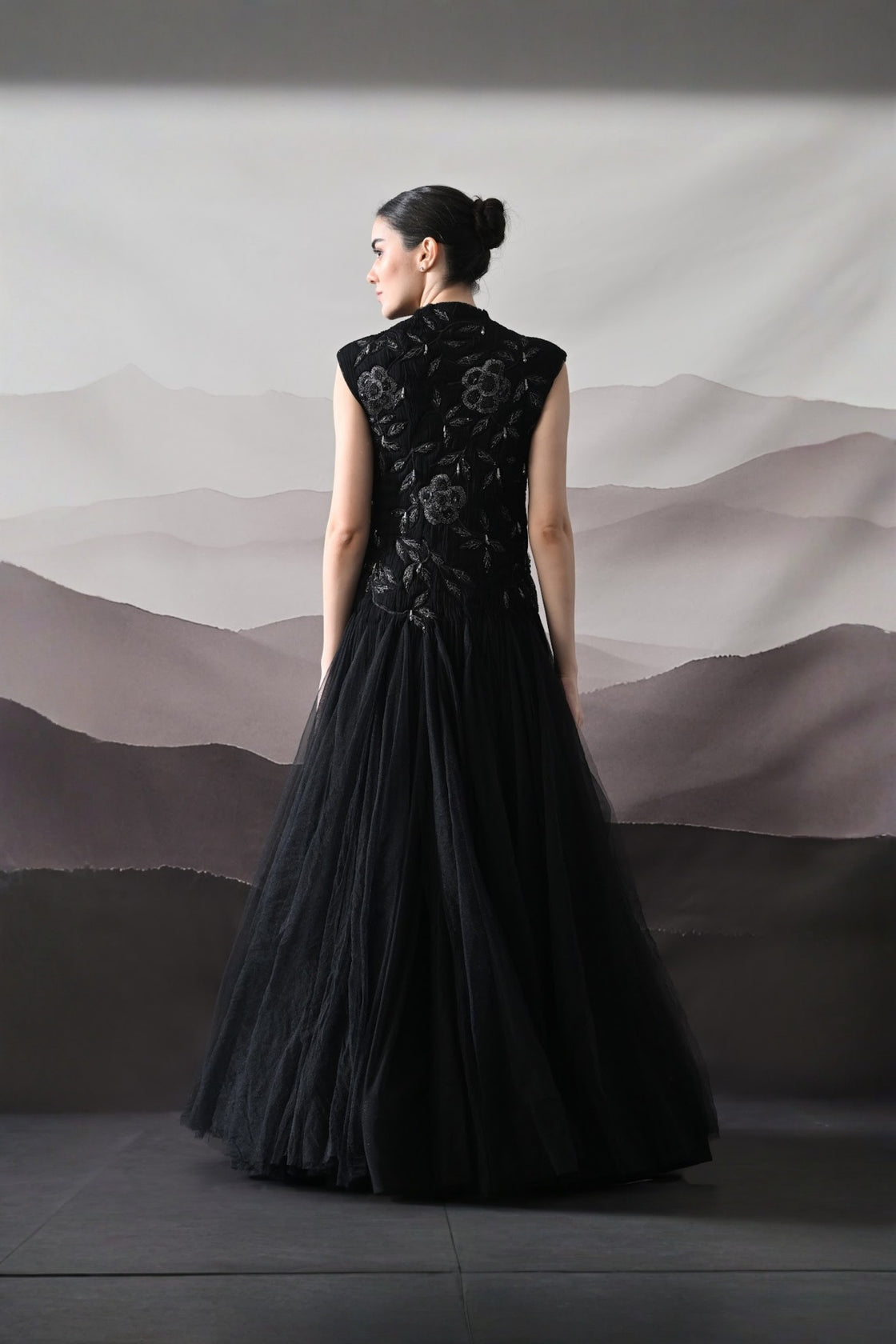 Black Hand-Embroidered Sleeveless Gown