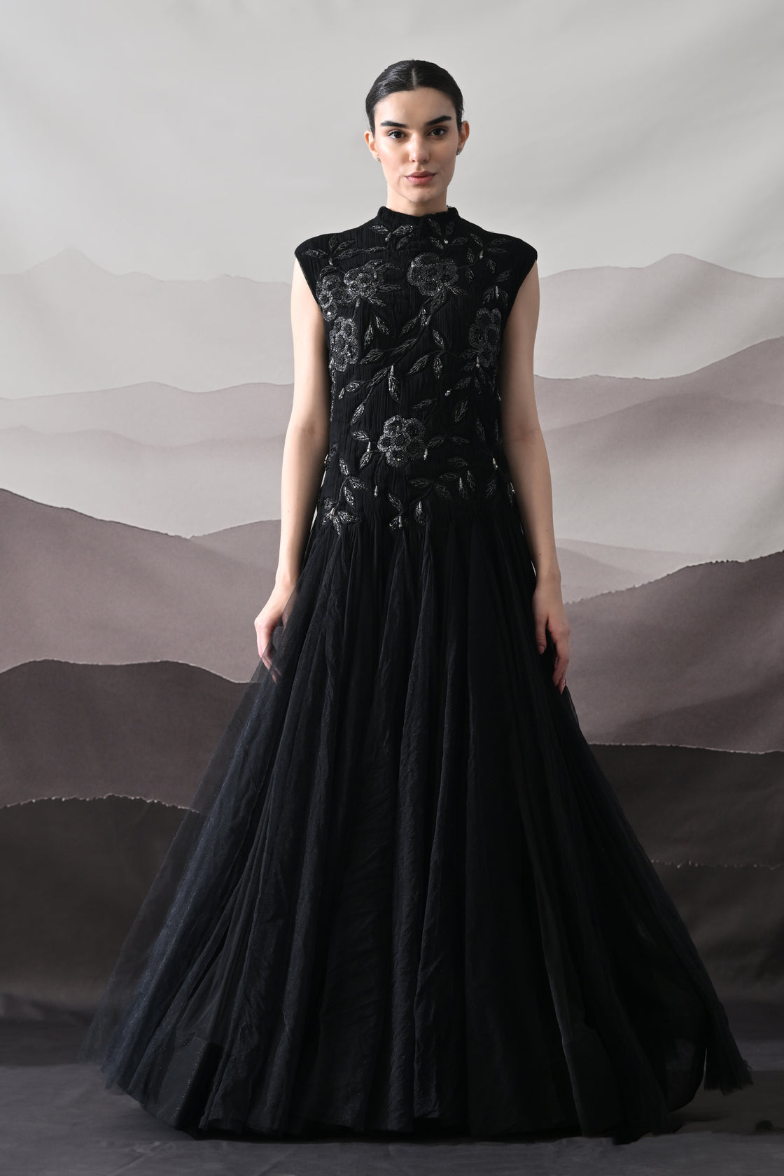 Black Hand-Embroidered Sleeveless Gown