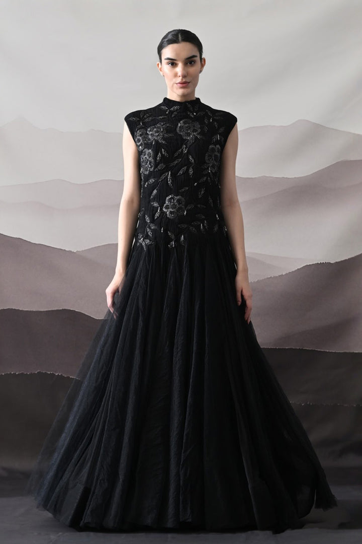 Black Hand-Embroidered Sleeveless Gown