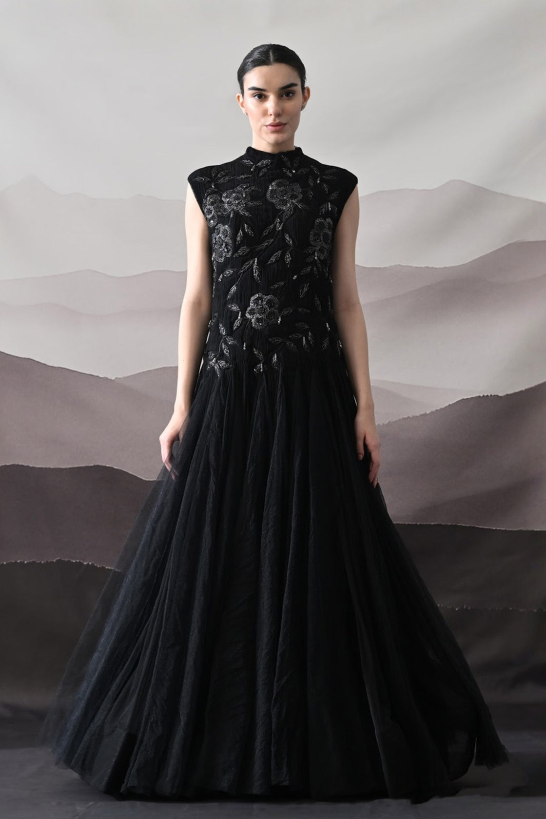 Black Hand-Embroidered Sleeveless Gown