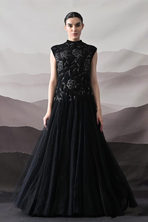 Black Hand-Embroidered Sleeveless Gown